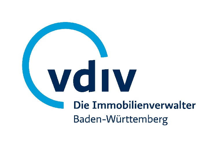 Logo des VDIV Baden-Württemberg mit blauem Kreisdesign und dem Text „Die Immobilienverwalter Baden-Württemberg“ unter der Abkürzung „vdiv.“.