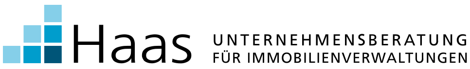 Das Logo der Haas Unternehmensberatung zeigt links blaue und schwarze Quadrate und rechts den Namen der Organisation in fettem, schwarzem Text.