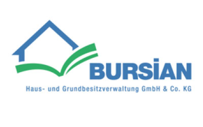 Logo der Bursian Haus- und Grundbesitzverwaltung GmbH & Co. KG mit der blauen Hauskontur über grünen geschwungenen Linien neben dem Firmennamen in blauer Schrift.