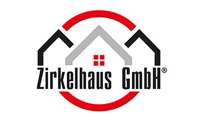 Das Logo der Zirkelhaus GmbH zeigt ein stilisiertes Haus mit zwei Dachlinien, einem roten Fenster und einem roten Kreis um das Haus. Der Firmenname wird unterhalb der Grafik angezeigt.