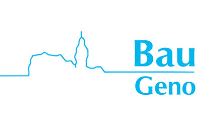Blauer Umriss einer Stadtskyline mit den Worten „Bau Geno“ in blauer Schrift auf weißem Hintergrund.