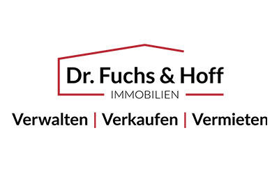 Logo für Dr. Fuchs & Hoff Immobilien mit rotem Dachumriss. Der folgende Text lautet: Verwalten | Verkaufen | Vermieten.