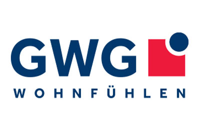 GWG-Logo mit blauer Schrift, einem roten Quadrat mit abgerundeter Ecke und blauem Kreis, darunter in blauen Großbuchstaben das Wort „WOHLFÜHLEN“.