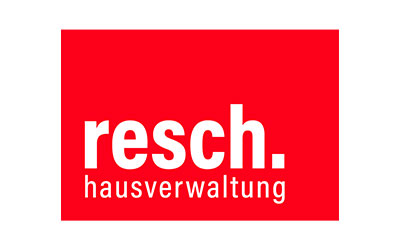 Rotes rechteckiges Logo mit dem Wort „resch.“ in großen weißen Kleinbuchstaben und „hausverwaltung“ in kleineren weißen Kleinbuchstaben darunter.