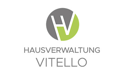 Logo mit grau-grünem Kreisdesign mit den Buchstaben „HV“ über dem Text „Hausverwaltung Vitello“ auf weißem Hintergrund.