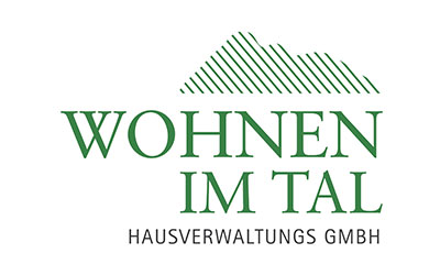 Grünes Logo mit stilisierter Bergkontur über den Schriftzügen „Wohnen im Tal“ und „Hausverwaltungs GmbH“ in Großbuchstaben.