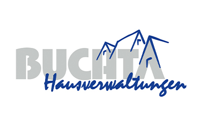 Das Logo zeigt das Wort „BUCHTA“ in großen grauen Buchstaben mit einem blauen Dachliniendesign darüber und „Hausverwaltungen“ in blauer Schrift darunter.
