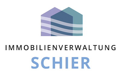 Logo für die Immobilienverwaltung Schier mit zwei stilisierten Gebäudeformen in Blau und Lila über dem Firmennamen in schwarzer und hellblauer Schrift.